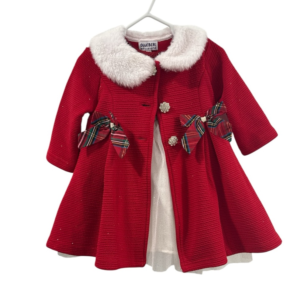 Blueberi Boulevard Red Coat with Faux Fur Collar and plaid dress